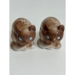 Vintage Made In Japan Siamese Cat Salt Pepper Shakers Brown Blue Eyes Pair MCM